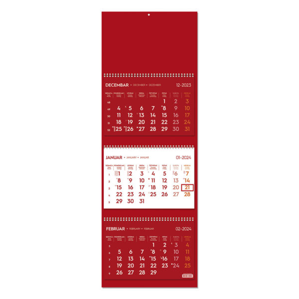 POSLOVNI 73, zidni kalendar: 3 x 12 listova, tromesečni, trodelni, crveni