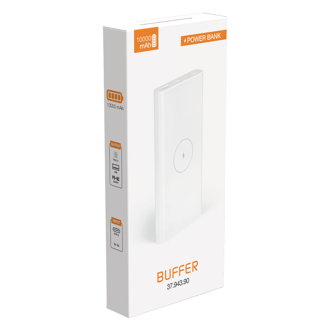 BUFFER, pomoćna baterija, 10.000 mah, bežično punjenje 10w, bela