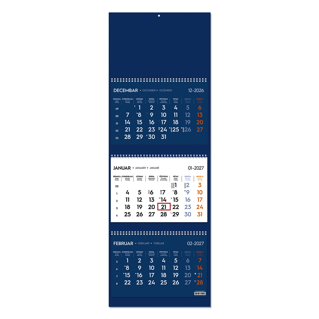 POSLOVNI 73, zidni kalendar: 3 x 12 listova, tromesečni, trodelni, plavi