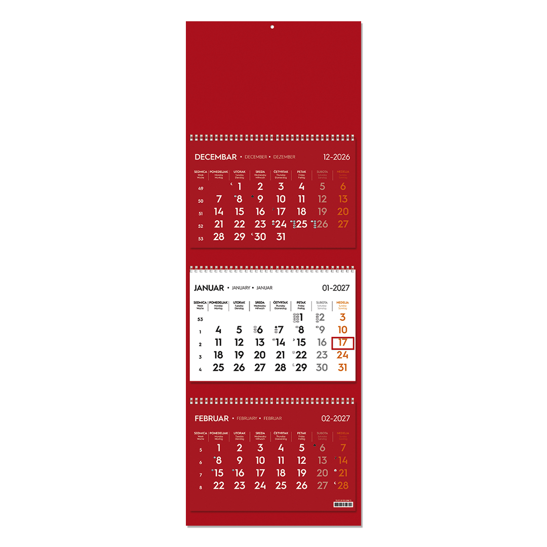 POSLOVNI 73, zidni kalendar: 3 x 12 listova, tromesečni, trodelni, crveni
