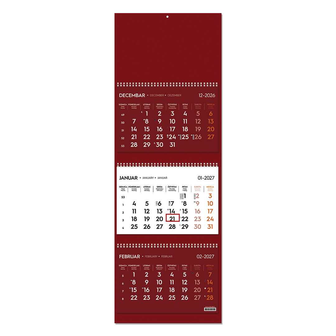 POSLOVNI 73, zidni kalendar: 3 x 12 listova, tromesečni, trodelni, bordo